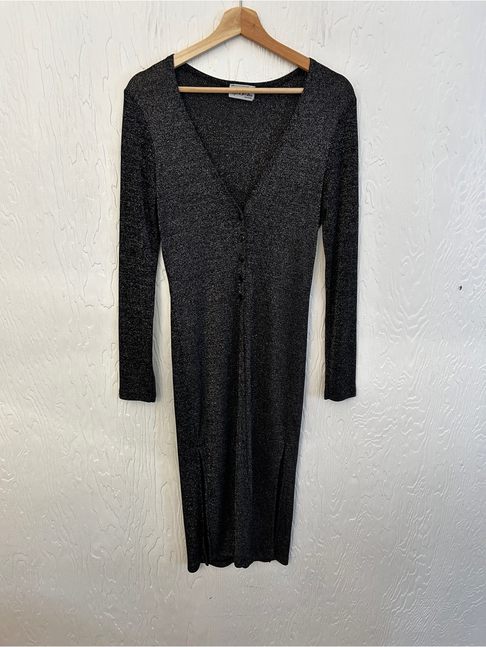 VINTAGE Y2K Metallic Knit Duster Cardigan Black Silver Small Disco Party Glitter